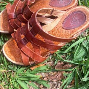 Ariat Strappy Wedge Slides Open Toe Brown Leather Sandals Women’s Sz 7.5 M